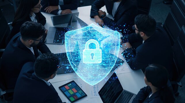 Cybersecurity business team using digital technology for data protection and privacy