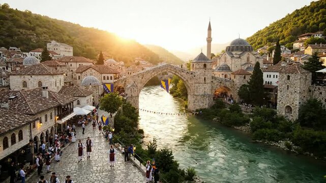 Stari most bridge in mostar, bosnia and herzegovina with waving national flag at sunset iconic balkan travel landmark and cultural heritage site