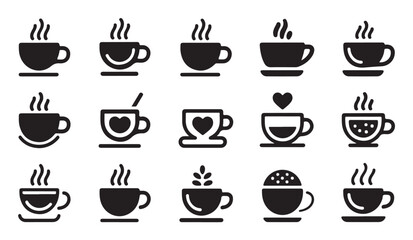 Fototapeta premium Black silhouette coffee cups with steaming hot drinks on transparent background.