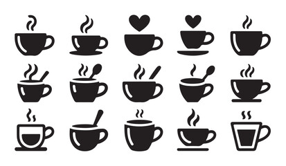 Fototapeta premium Simple black silhouette coffee cups with steam for cafe and breakfast menu design vector.