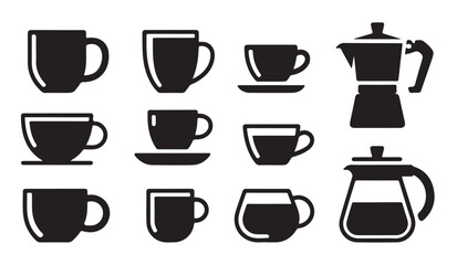 Fototapeta premium Coffee cups and moka espresso pot silhouette icons set for cafe design and packaging.