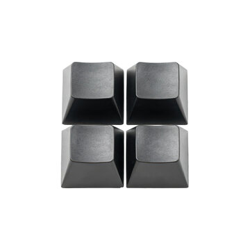 Four blank matte black computer keyboard keycaps arranged in a square grid pattern isolated on a transparent background