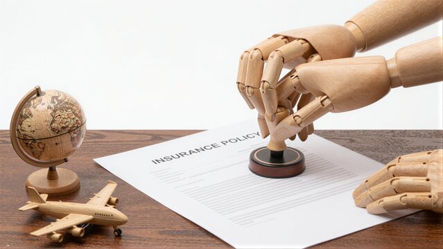 Wooden hands seal insurance policy, globe and airplane hinting global travel protection.