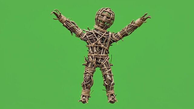 Woven branch humanoid doll posing on green background