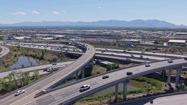 Cars flow through the Spaghetti Bowl highway system in SLC, Utah