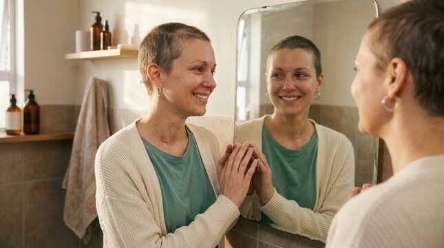 Radiant Woman With Short Hair Smiling At Her Reflection Empowered