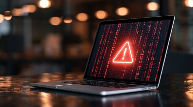 Laptop screen showing a computer warning sign with digital binary code cyber threat