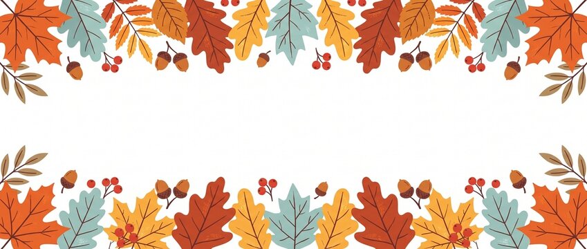Autumn leaves horizontal border frame with acorns and berries on a white background for seasonal greeting cards and fall invitations