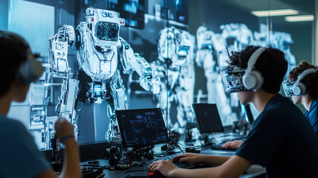 Group of young students working on futuristic mechanical robot engineering project in virtual reality at school laboratory with vr headset