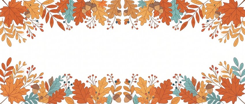 Decorative autumn leaf border with colorful fall foliage on white background for seasonal greeting cards and festive invitations