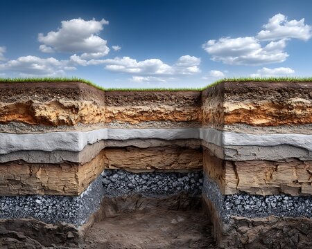Soil Microbiome Research Cross Section of Earth Soil Layers With Grass Surface And Blue Sky Geological Strata Showing Underground Composition