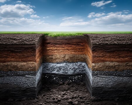 Soil Microbiome Research Cross Section of Soil Layers Showing Geological Strata With Green Grass Surface And Blue Sky Background