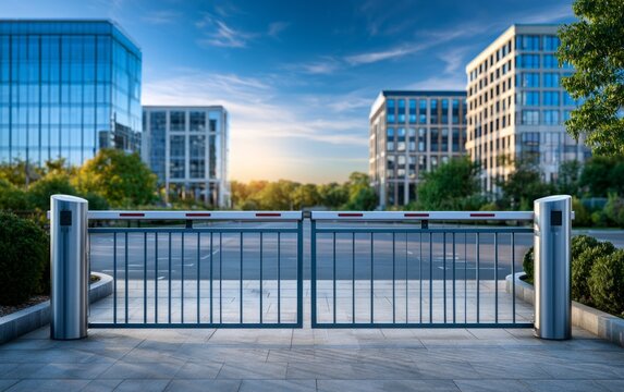 Modern Automatic Parking Barrier Gate at Urban Office Building Entrance During Sunset