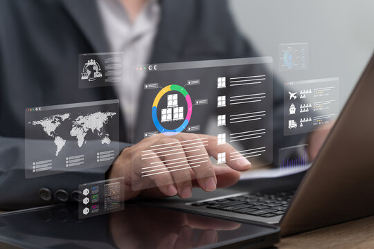 Logistics Management and Supply Chain Concept, Businessman Exploring Smart Inventory, Efficient Warehouse Solutions, Automated Logistics, Modern Delivery Systems, Optimization Commerce Technology