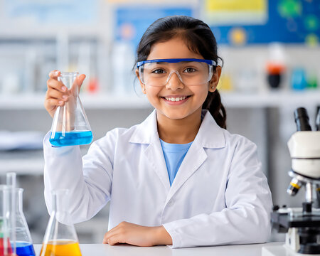 Happy young girl student wearing lab coat and goggles holding a blue chemical flask.