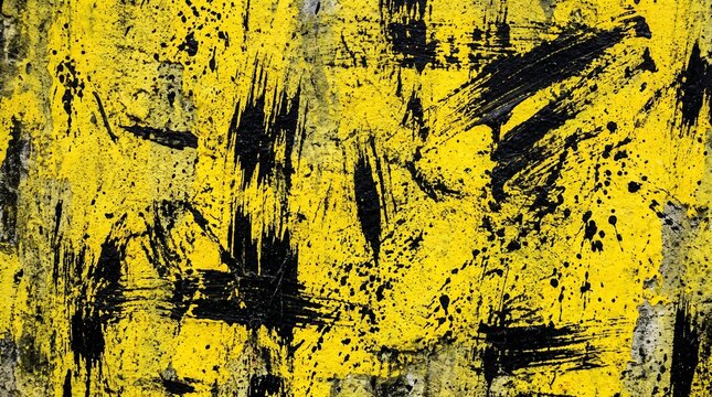 Yellow textured background with black brush strokes and splatter marks