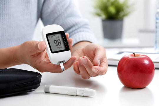 Person checking blood glucose level with a digital glucometer for diabetes management