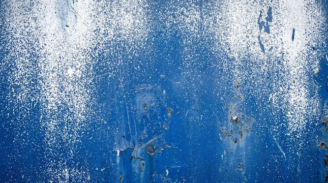 Blue painted metal surface shows chipped paint and corrosion