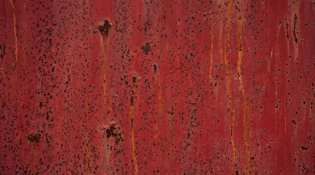 Red rusted metal surface with corrosion and drip marks close up