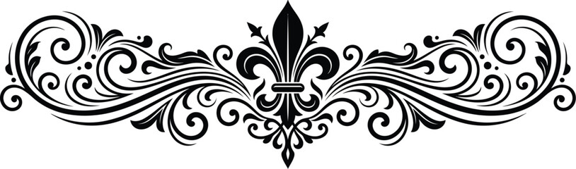 Decorative flourish vector illustration with ornate floral scrolls and a central fleur de lis symbol for vintage design and elegant borders. © Shapla