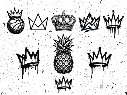 Tattoo flash sheet design featuring an assortment of diverse blackwork crown icons and a central engraved-style pineapple on a distressed concrete background.