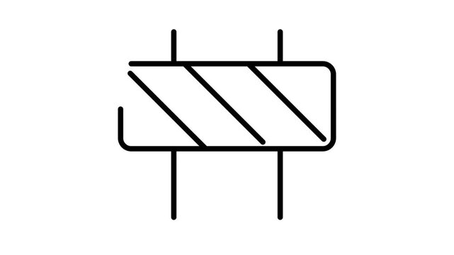 Simple line drawing of a construction barrier with diagonal stripes and two vertical posts, indicating a blocked path or work zone.