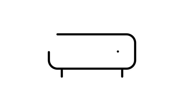A minimalist line art icon depicting a rectangular object with rounded edges, a small dot, and two short legs.