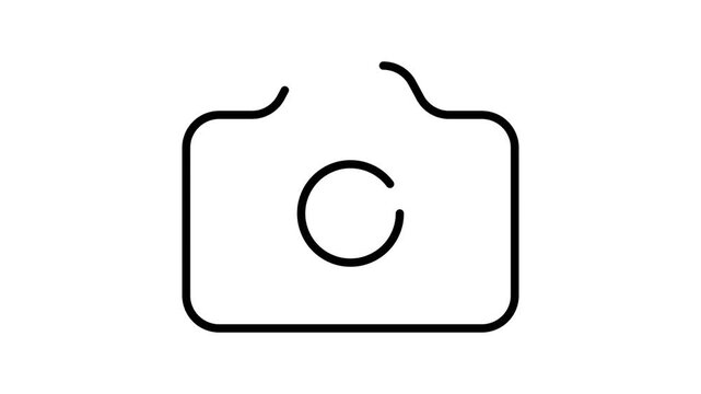 A minimalist line art icon depicting a camera outline with a central circular lens, presented on a white background.