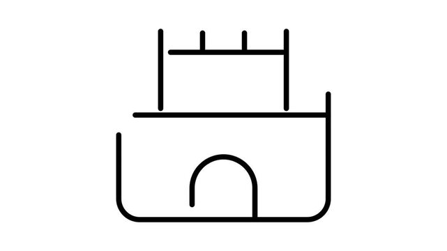 Minimalist line art illustration of a castle with a crenellated tower and an arched entrance.