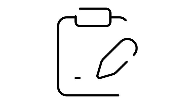 Simple line art icon depicting a clipboard with a pen, symbolizing editing, writing, or task management.