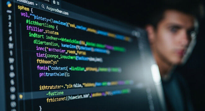 Software Developer Analyzing Code on Computer Monitor in Dark Office Workspace