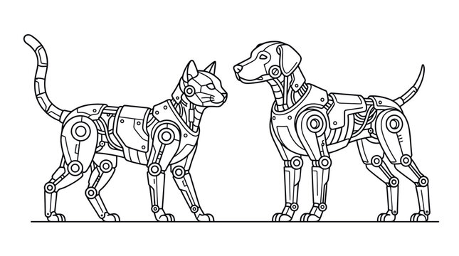 Cybernetic robot cat and dog mechanical pets line art.