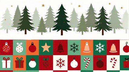 Fototapeta premium Christmas trees and festive ornaments in a colorful, holiday-themed grid design.