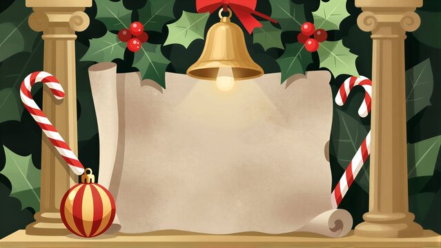 Christmas scroll framed by holly, candy canes, and a glowing bell.