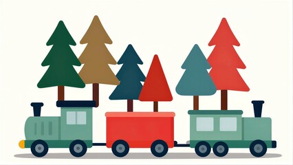 Obraz premium Toy train carries colorful Christmas trees in its carriages.