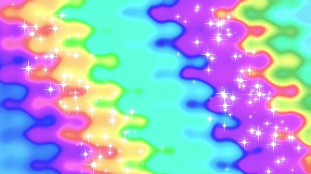 Psychedelic wavy rainbow pattern sparkles with bright glittering star effects.