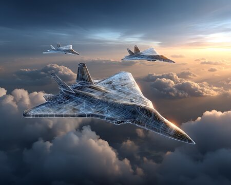 Next Generation Aircraft Systems Futuristic Stealth Fighter Jets Flying in Formation Above Clouds at Sunset Advanced Military Aviation Technology