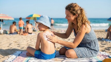 Fototapeta premium Mother Applying Sunscreen To Her Child At The Beach