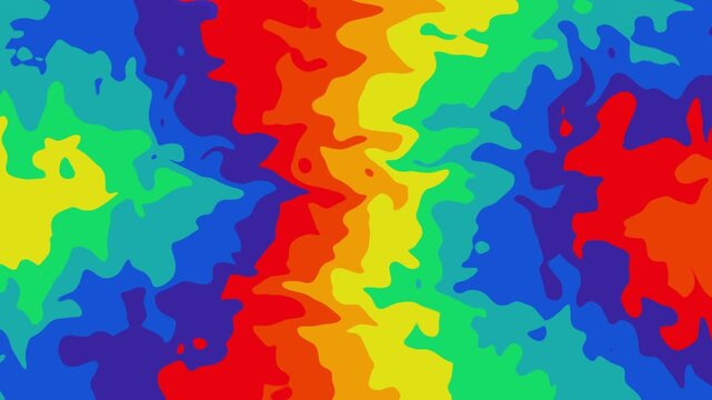 Rainbow abstract camouflage pattern features colorful wavy shapes in vibrant primary and secondary tones.