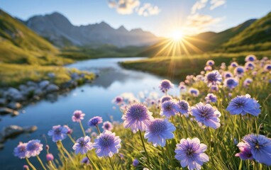 Fototapeta premium Beautiful Purple Globe-Shaped Wildflowers Blooming by a Serene River at Sunrise in the Mountains