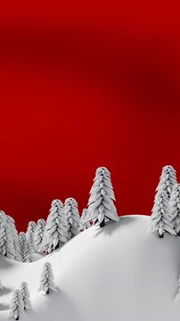 Animation of fir tree with decoration in winter landscape on red background