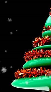 Animation of snow falling over christmas tree on dark background