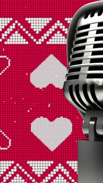 Animation of santa hat on vintage microphone over heart icons on red background