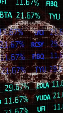 Animation of stock market data processing over spinning human brain against black background