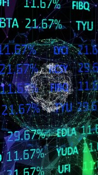 Animation of stock market data processing over plexus networks and spinning globe