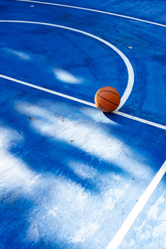 Orange basketball is resting on blue court near curved white arc with tree shadows and scuffs