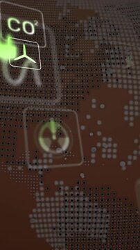 Animation of digital icons and data processing over spinning globe against brown background