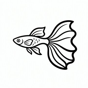Simple black and white line drawing of a beautiful guppy fish with a large flowing tail fin