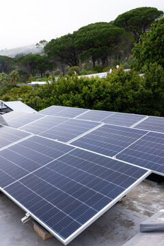 Solar panels are sitting on mounting rails and ballast blocks on flat roof near trees