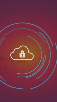 Animation of security padlock icon and mathematical equations against purple gradient background
